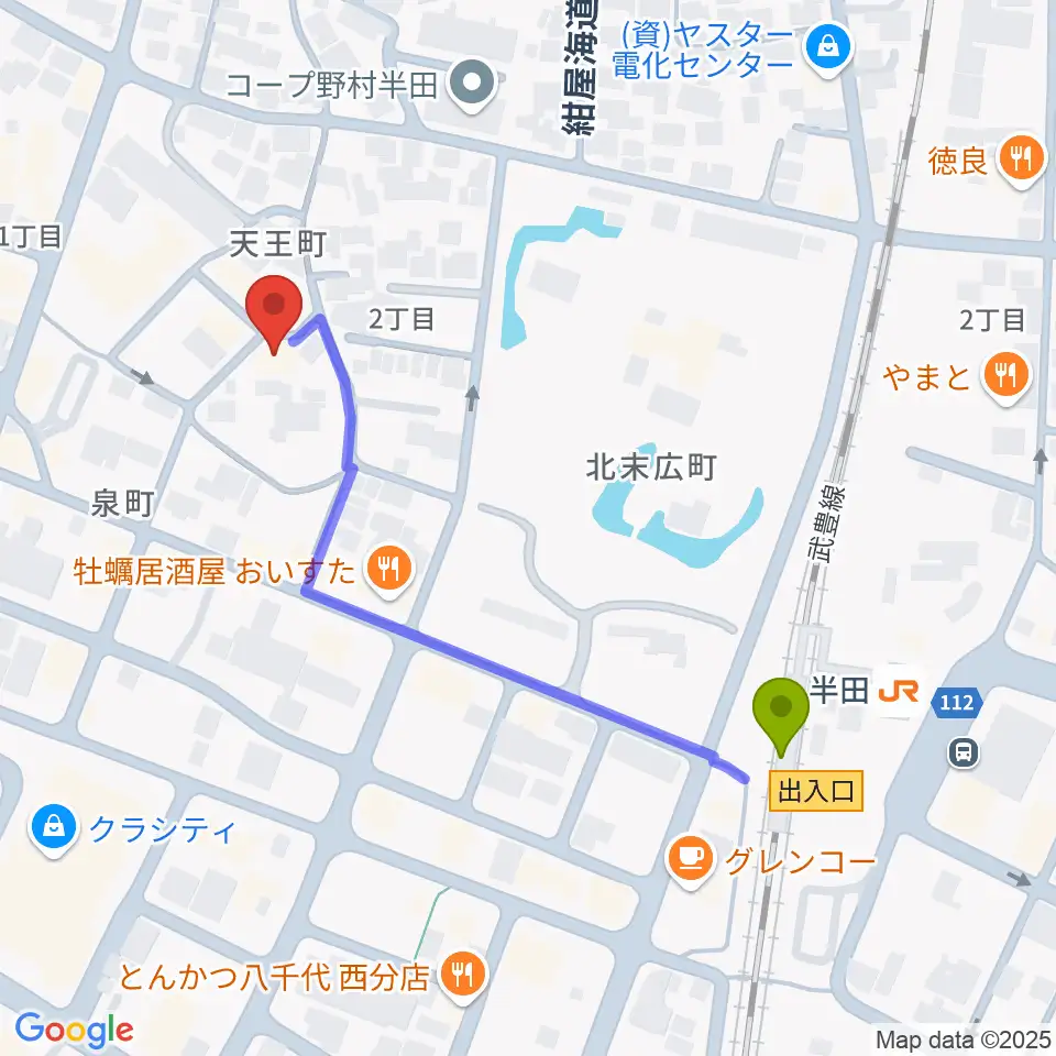 半田駅からマツイシ楽器 半田ミュージックセンターへのルートマップ地図
