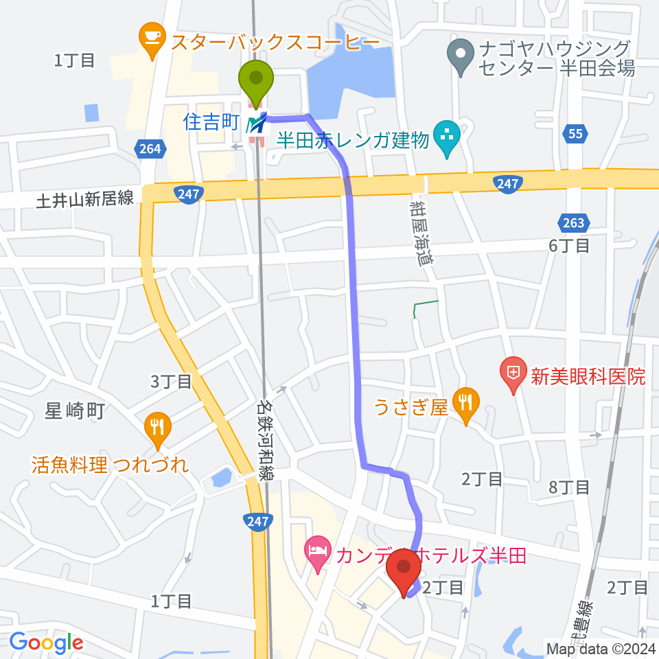 住吉町駅からマツイシ楽器 半田ミュージックセンターへのルートマップ地図