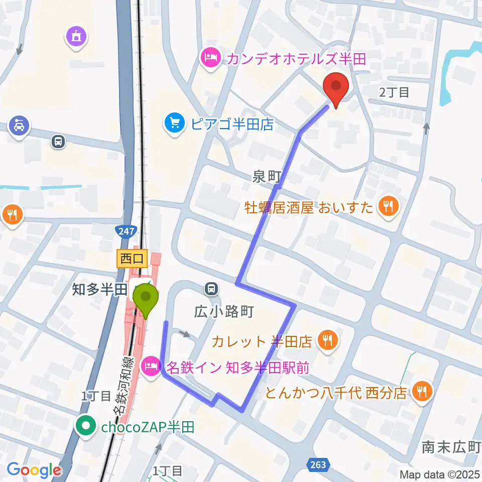 マツイシ楽器 半田ミュージックセンターの最寄駅知多半田駅からの徒歩ルート（約5分）地図