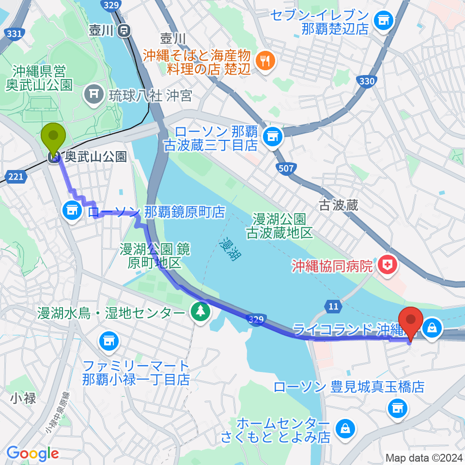 Jim Rock Vocal Laboの最寄駅奥武山公園駅からの徒歩ルート（約30分）地図