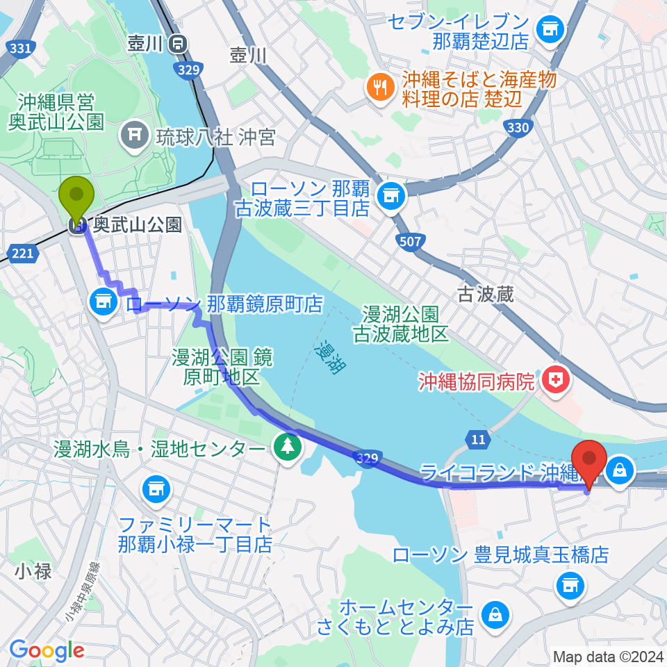 Jim Rock Vocal Laboの最寄駅奥武山公園駅からの徒歩ルート（約30分）地図