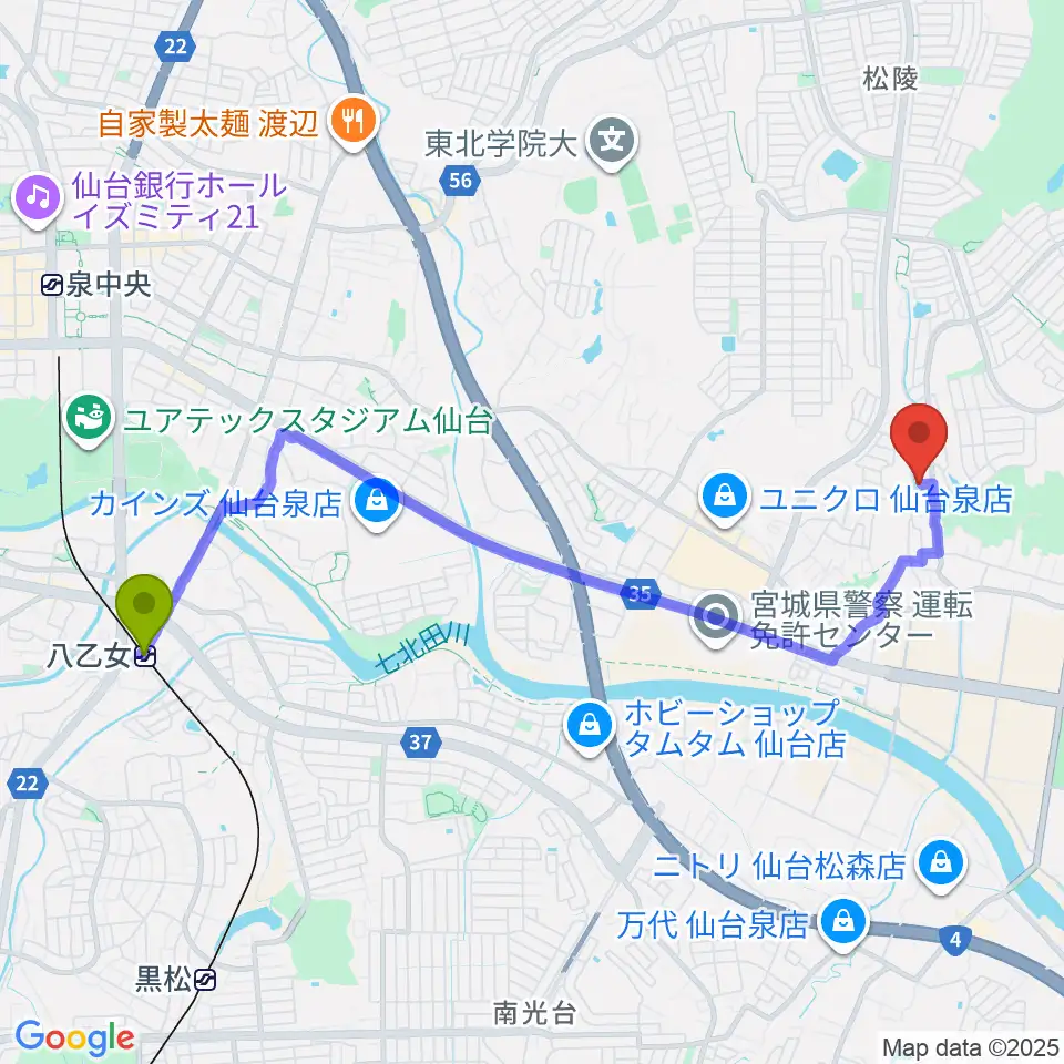 愛久美ミュージックの最寄駅八乙女駅からの徒歩ルート（約45分）地図