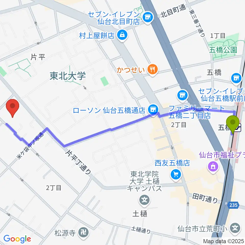 仙台ギター教室 米ヶ袋教室の最寄駅五橋駅からの徒歩ルート（約14分）地図