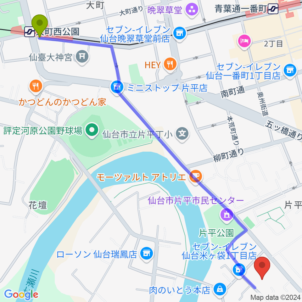 大町西公園駅から仙台ギター教室 米ヶ袋教室へのルートマップ地図