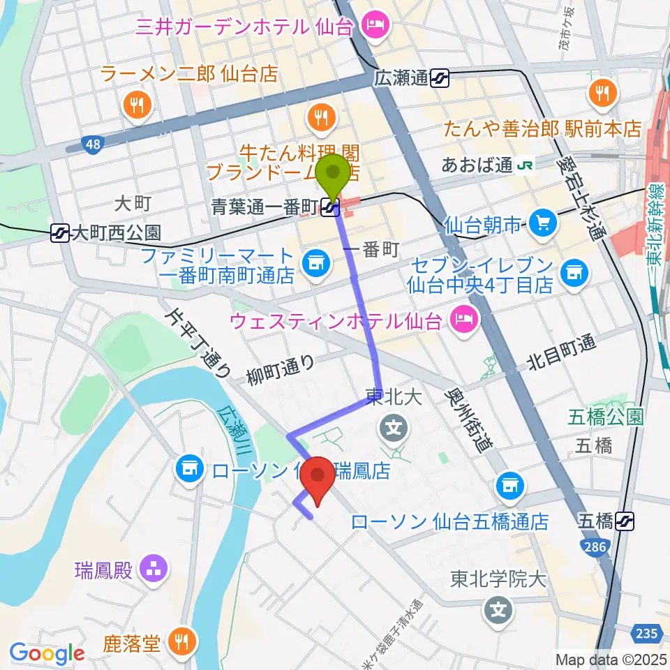 青葉通一番町駅から仙台ギター教室 米ヶ袋教室へのルートマップ地図