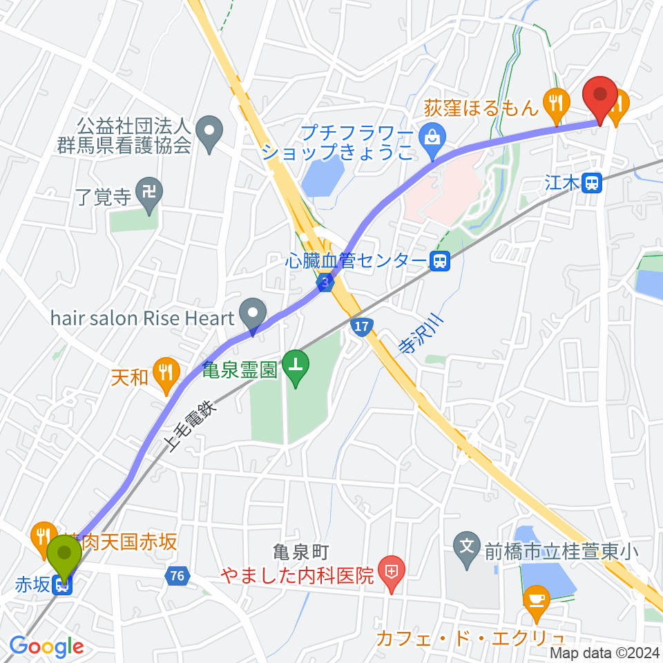 赤坂駅から群馬中央ギター学院へのルートマップ地図