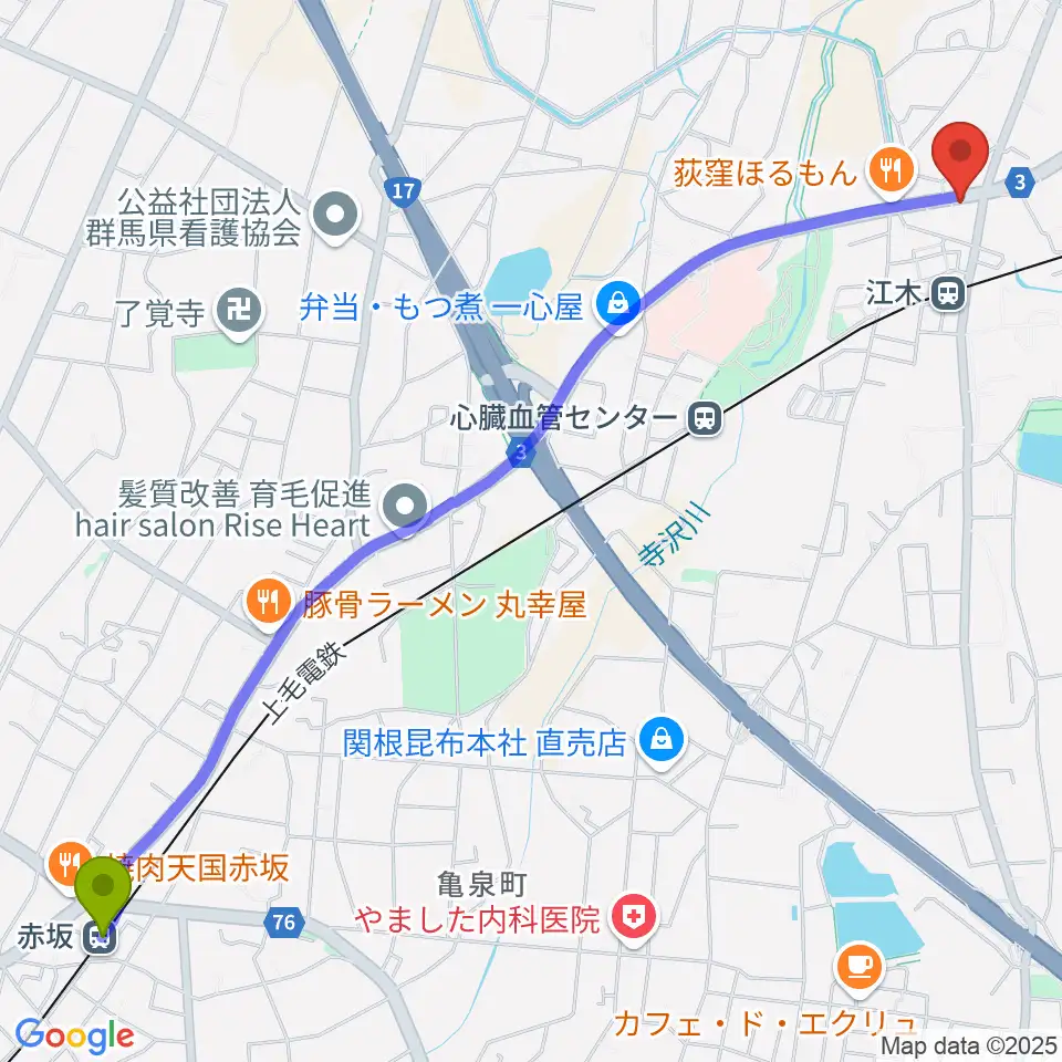 赤坂駅から群馬中央ギター学院へのルートマップ地図