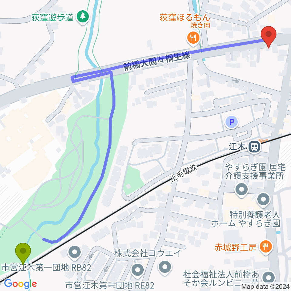 心臓血管センター駅から群馬中央ギター学院へのルートマップ地図