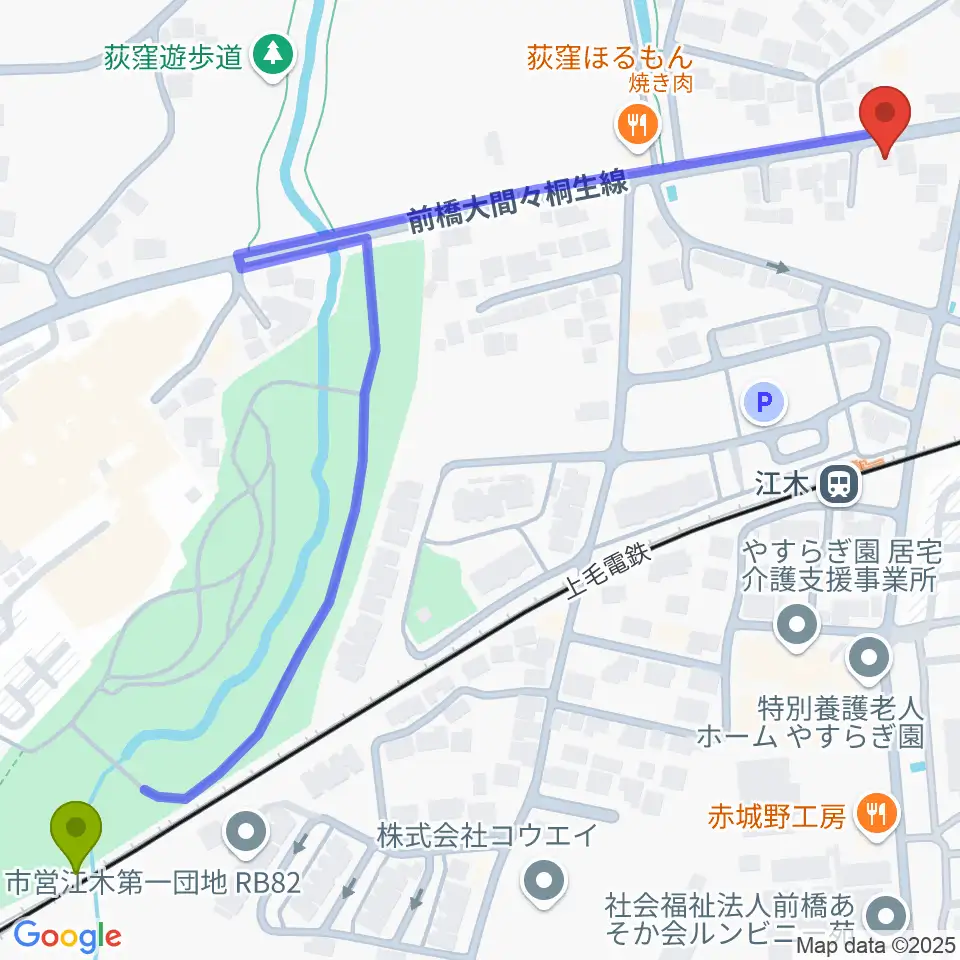 心臓血管センター駅から群馬中央ギター学院へのルートマップ地図