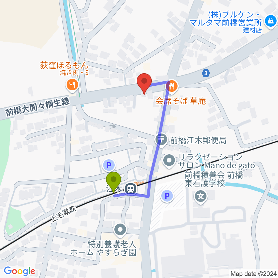 群馬中央ギター学院の最寄駅江木駅からの徒歩ルート（約3分）地図