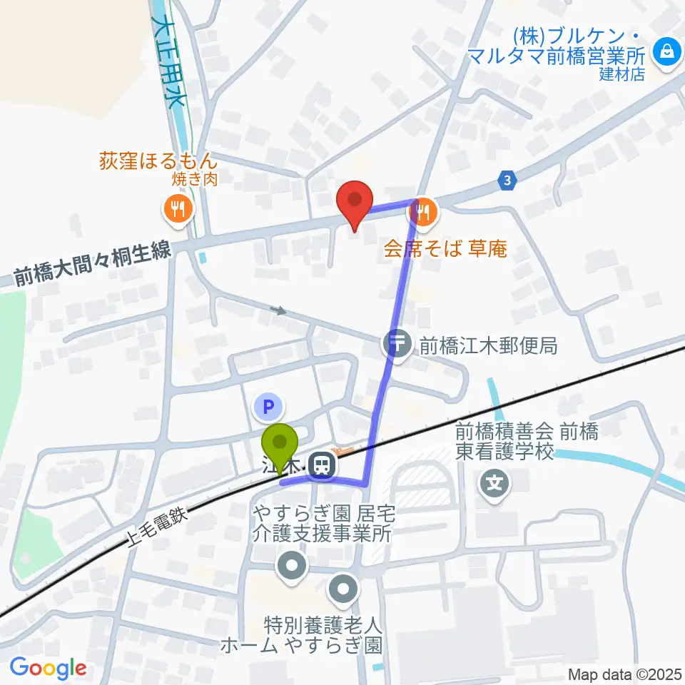 群馬中央ギター学院の最寄駅江木駅からの徒歩ルート（約3分）地図