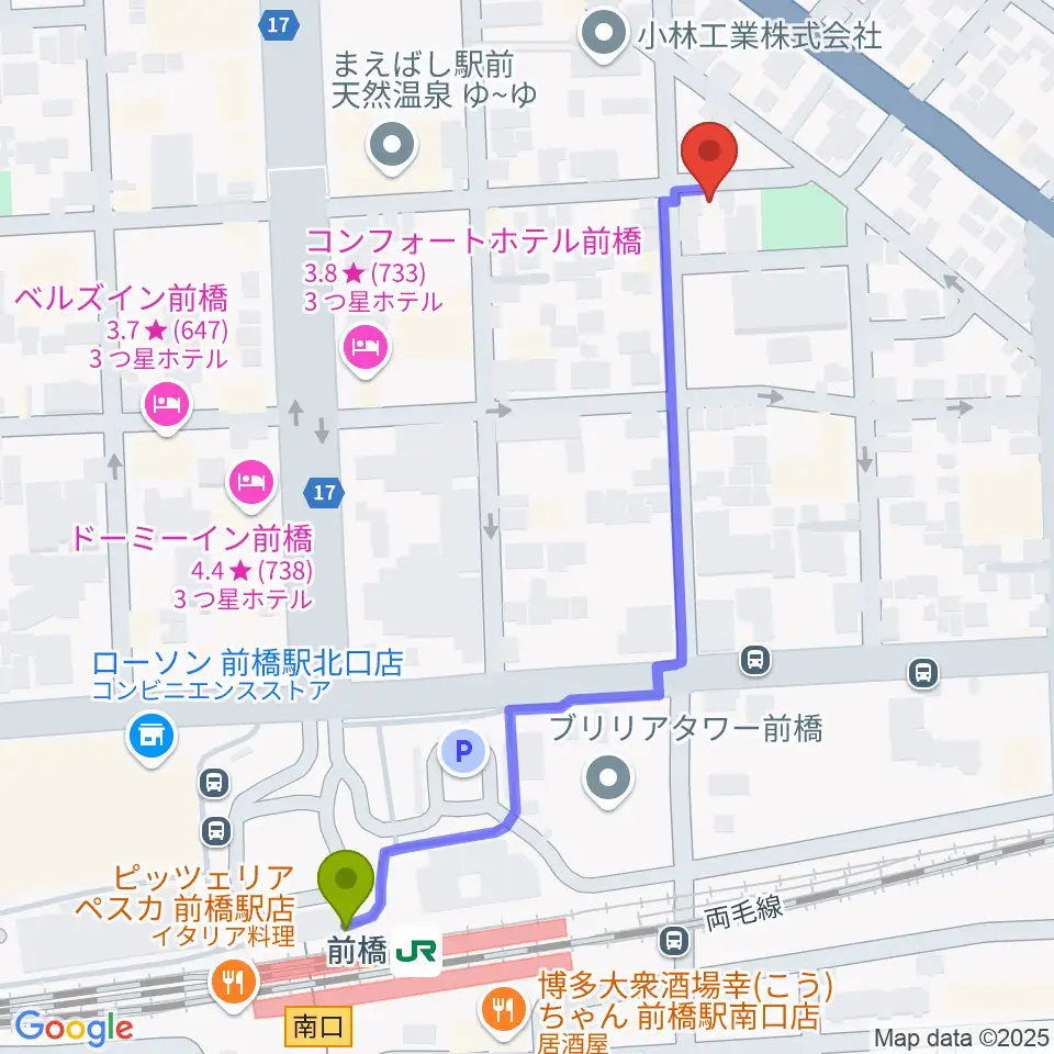 シブヤドラミングスクールの最寄駅前橋駅からの徒歩ルート（約6分）地図