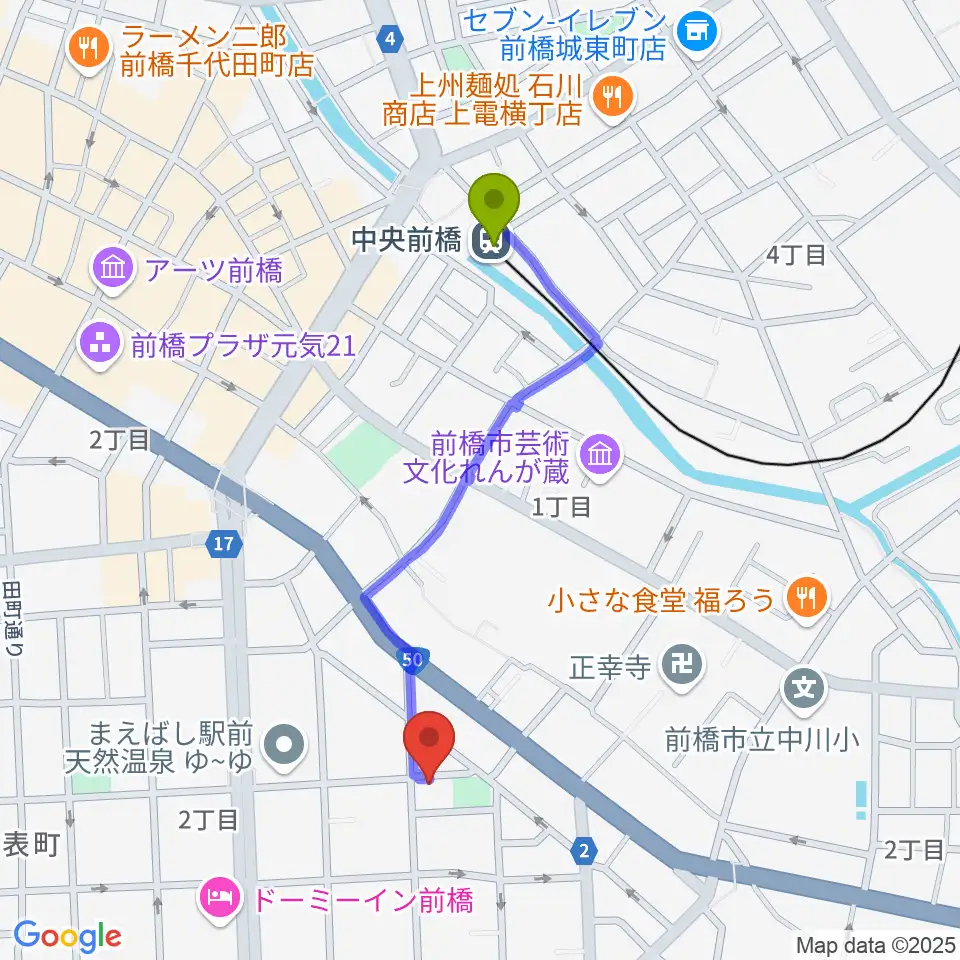 中央前橋駅からシブヤドラミングスクールへのルートマップ地図