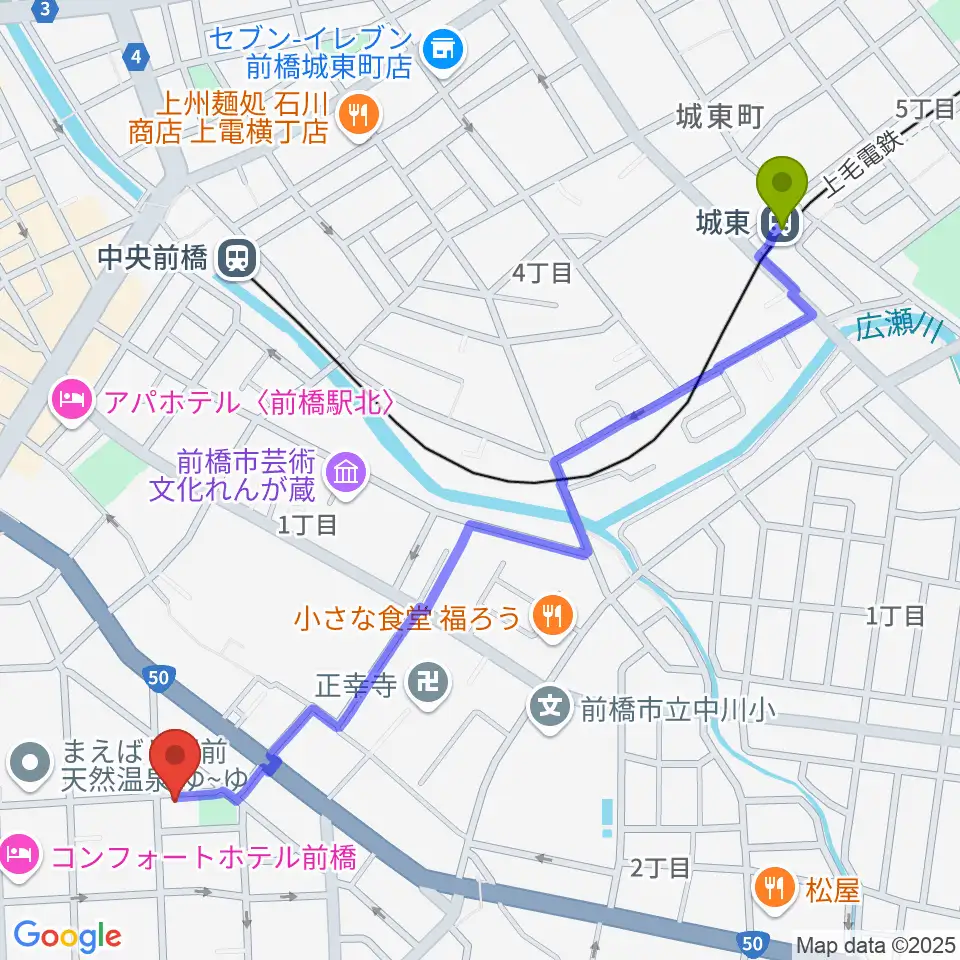 城東駅からシブヤドラミングスクールへのルートマップ地図