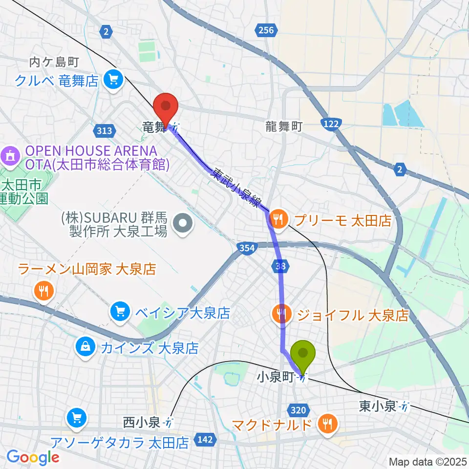 小泉町駅から音楽サロンシャコンヌへのルートマップ地図