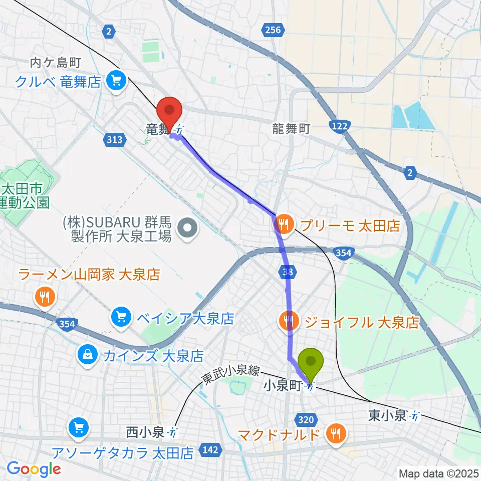 小泉町駅から音楽サロン・シャコンヌへのルートマップ地図