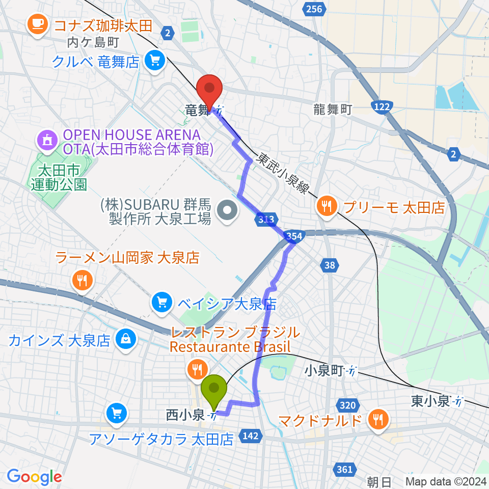 西小泉駅から音楽サロンシャコンヌへのルートマップ地図