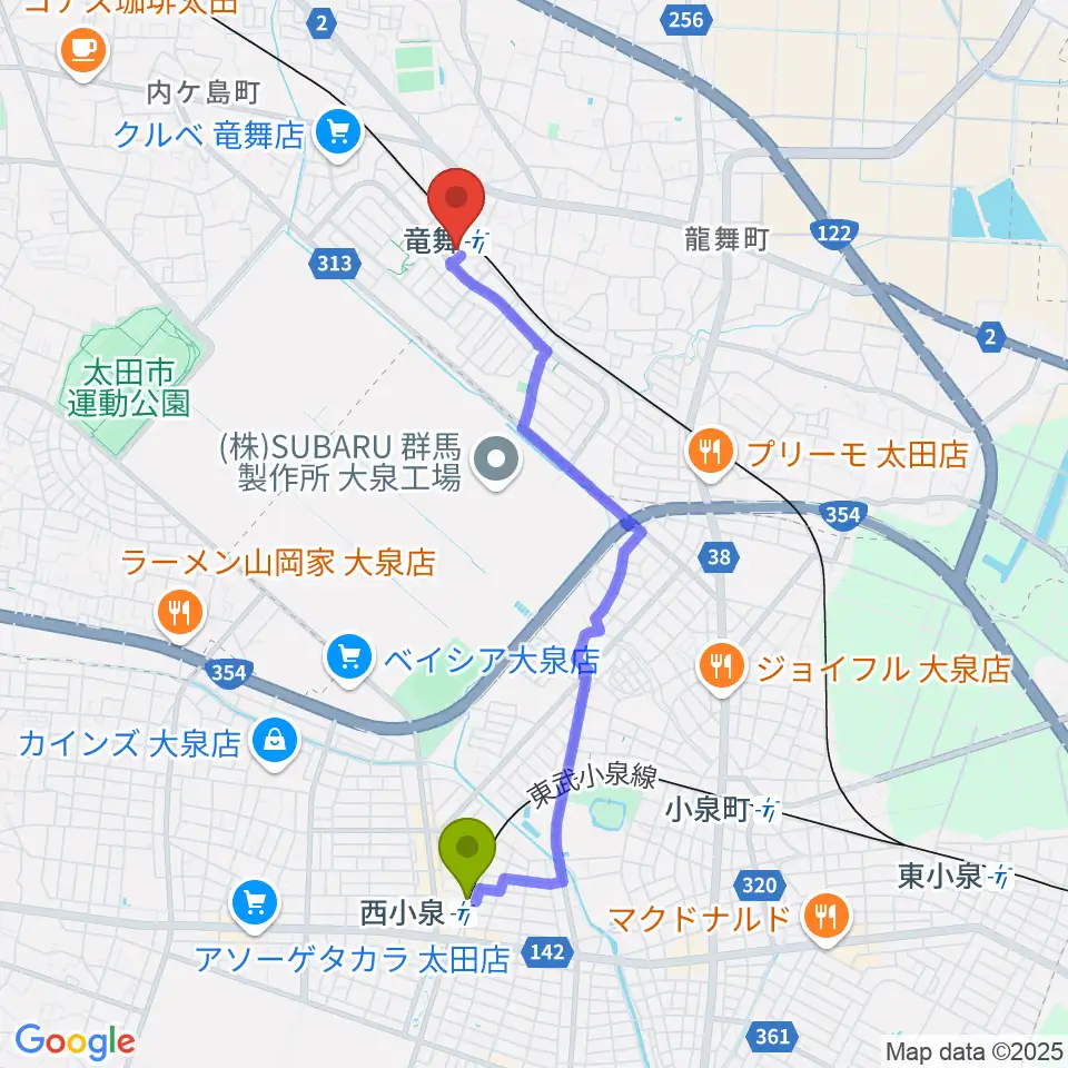 西小泉駅から音楽サロン・シャコンヌへのルートマップ地図