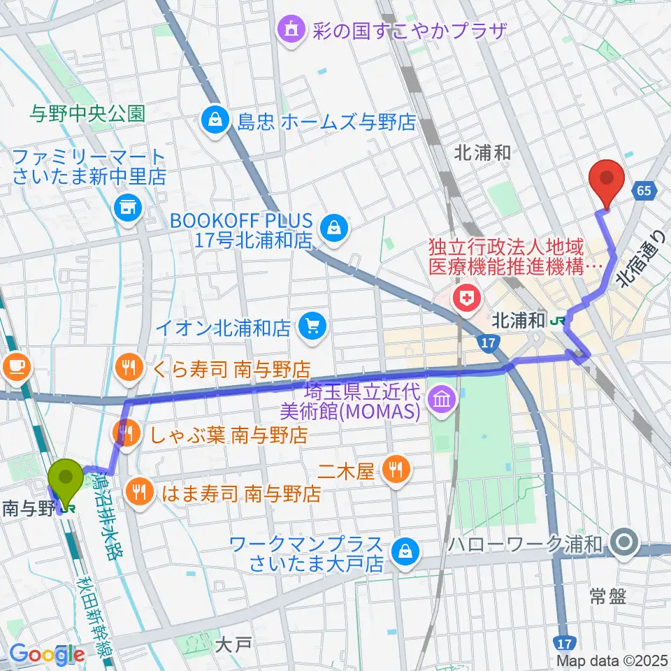 南与野駅からシバタ音楽教室へのルートマップ地図