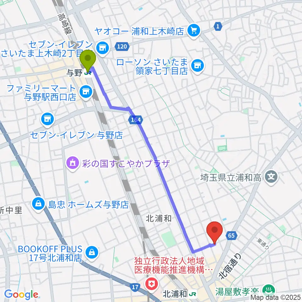 与野駅からシバタ音楽教室へのルートマップ地図