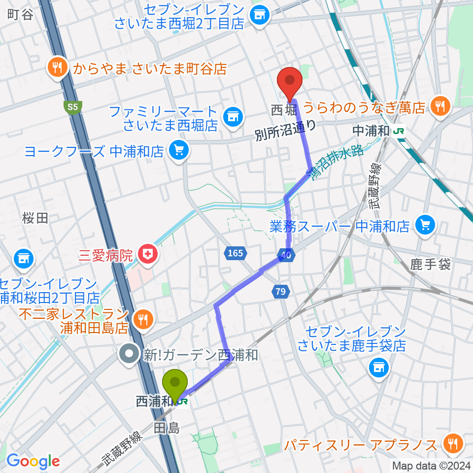 西浦和駅からABEバイオリン教室へのルートマップ地図