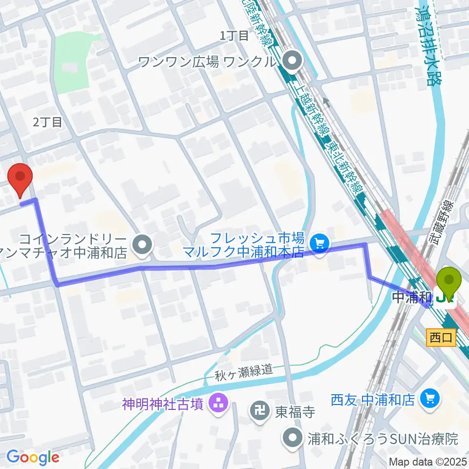 ABEバイオリン教室の最寄駅中浦和駅からの徒歩ルート（約7分）地図