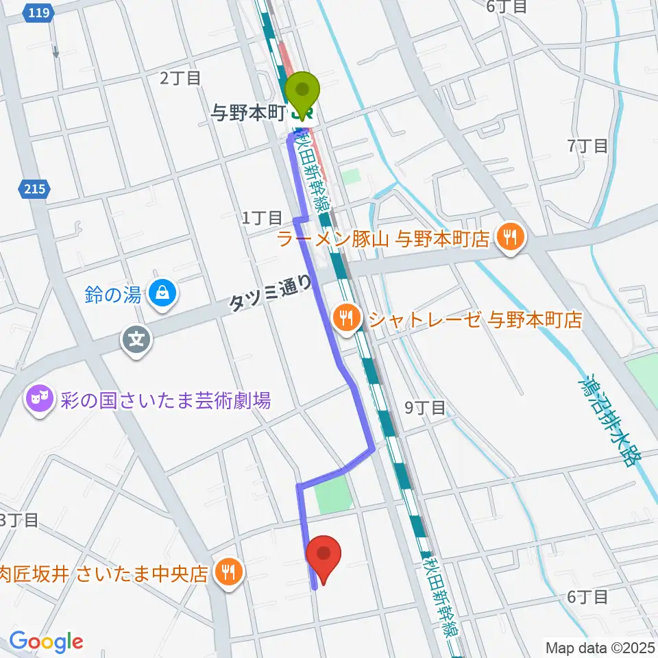 森淳一ギター、ウクレレ教室の最寄駅与野本町駅からの徒歩ルート（約11分）地図