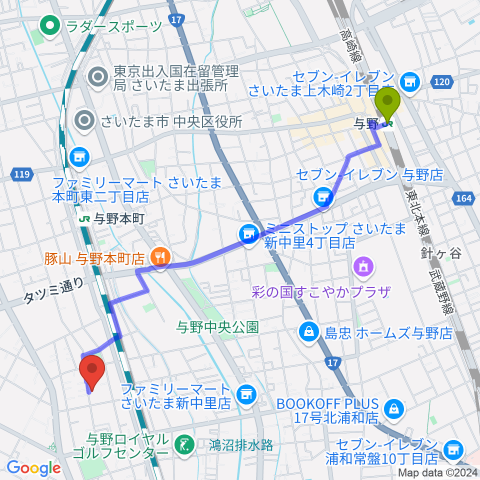 与野駅から森淳一ギター、ウクレレ教室へのルートマップ地図