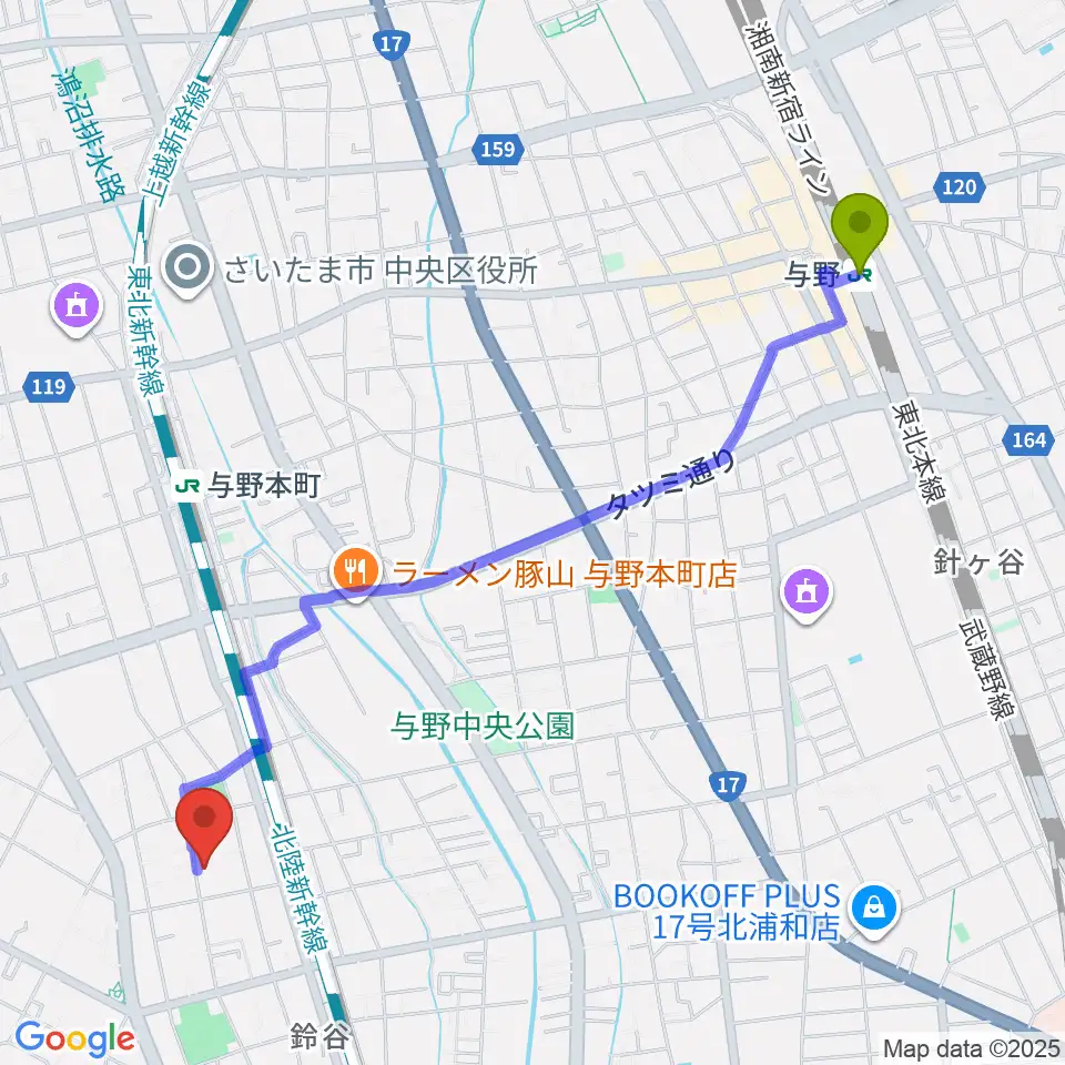 与野駅から森淳一ギター、ウクレレ教室へのルートマップ地図