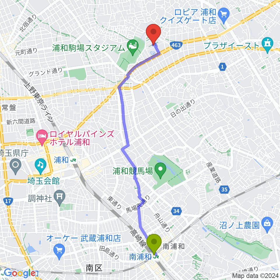 南浦和駅からボルドーナ・ギター教室へのルートマップ地図