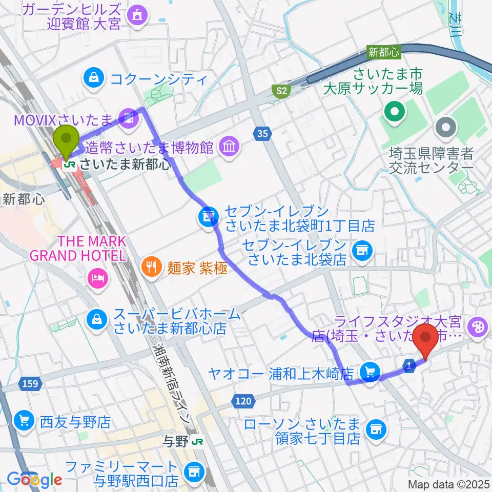 さいたま新都心駅から深川音楽教室へのルートマップ地図