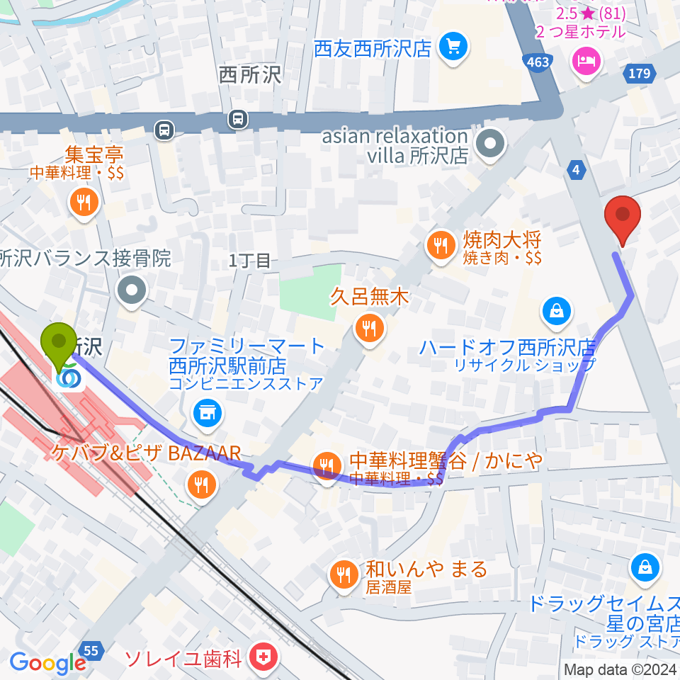 中冨楽器 金山町店の最寄駅西所沢駅からの徒歩ルート（約7分）地図