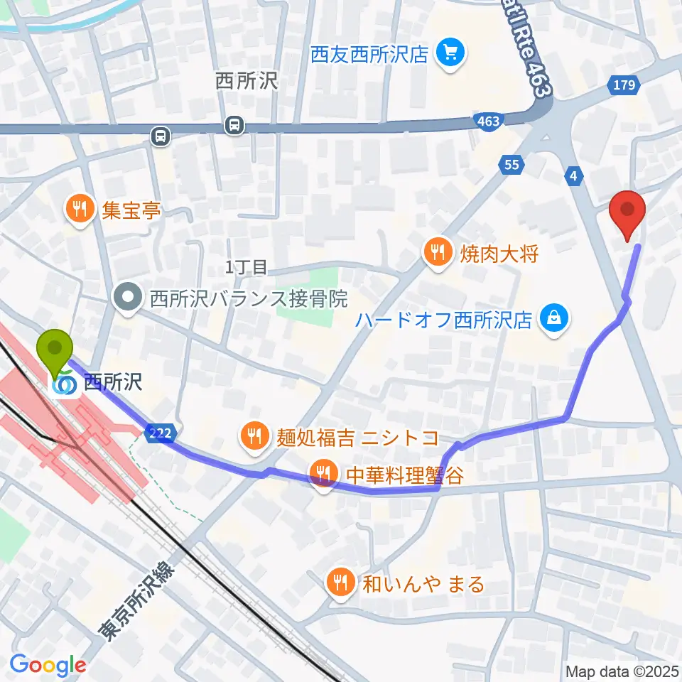 なかとみ ピアノフルート教室の最寄駅西所沢駅からの徒歩ルート（約7分）地図
