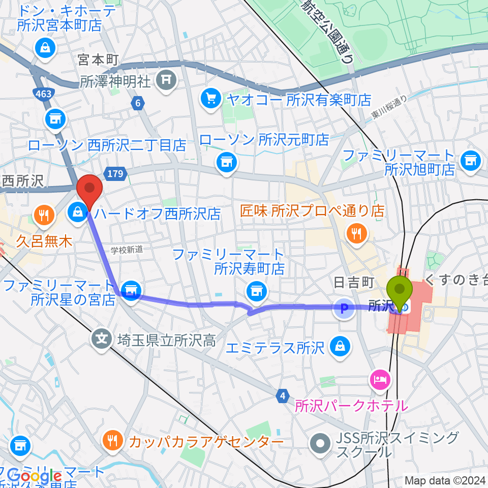 所沢駅から中冨楽器 金山町店へのルートマップ地図