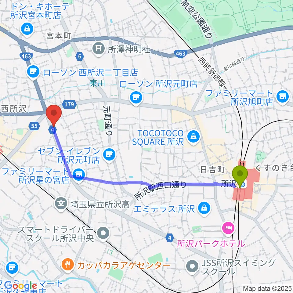 所沢駅から中冨楽器 金山町店へのルートマップ地図
