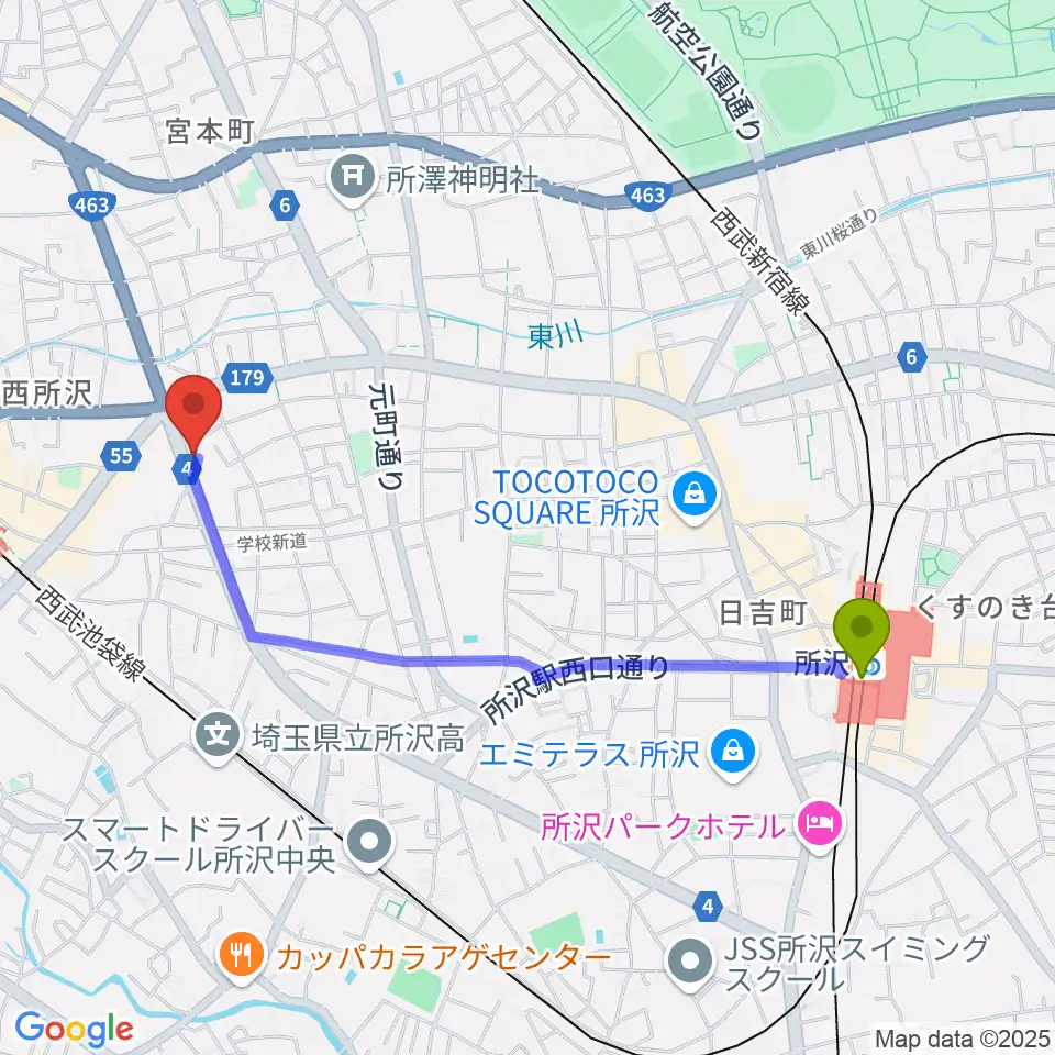 所沢駅からなかとみ ピアノフルート教室へのルートマップ地図