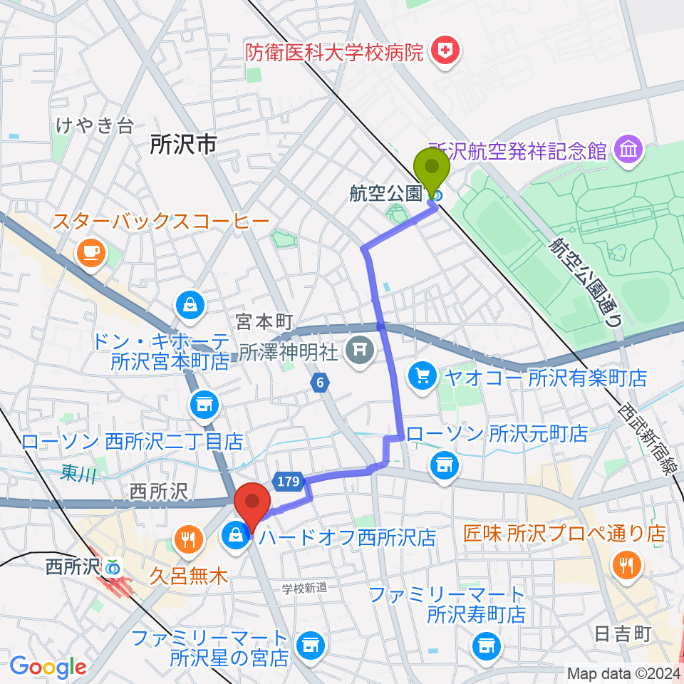 航空公園駅から中冨楽器 金山町店へのルートマップ地図