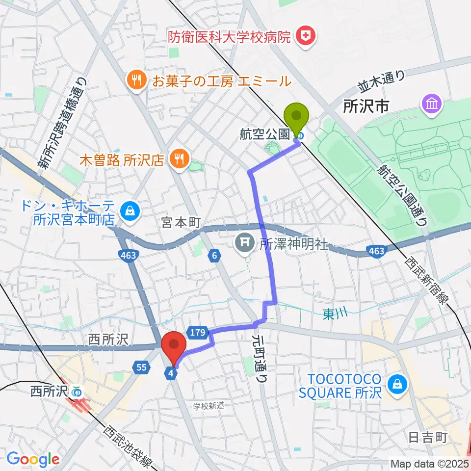 航空公園駅からなかとみ ピアノフルート教室へのルートマップ地図
