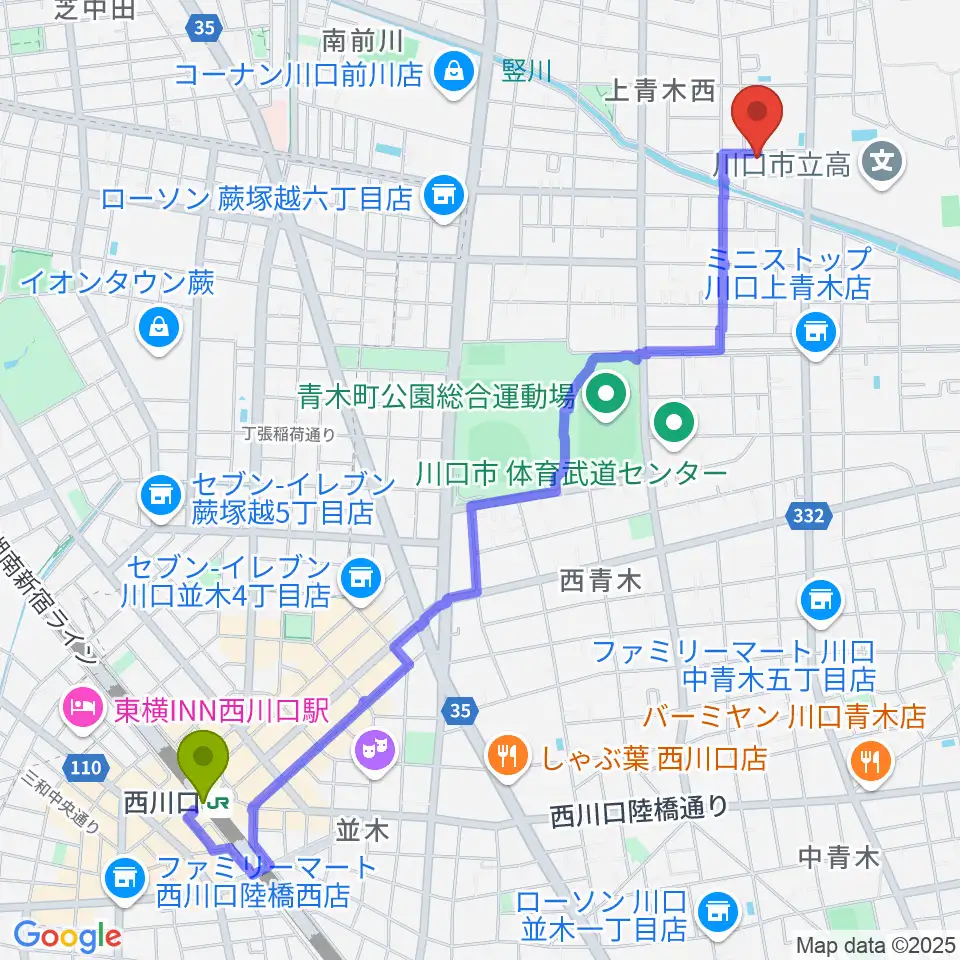 ベルウッド音楽学院の最寄駅西川口駅からの徒歩ルート（約27分）地図