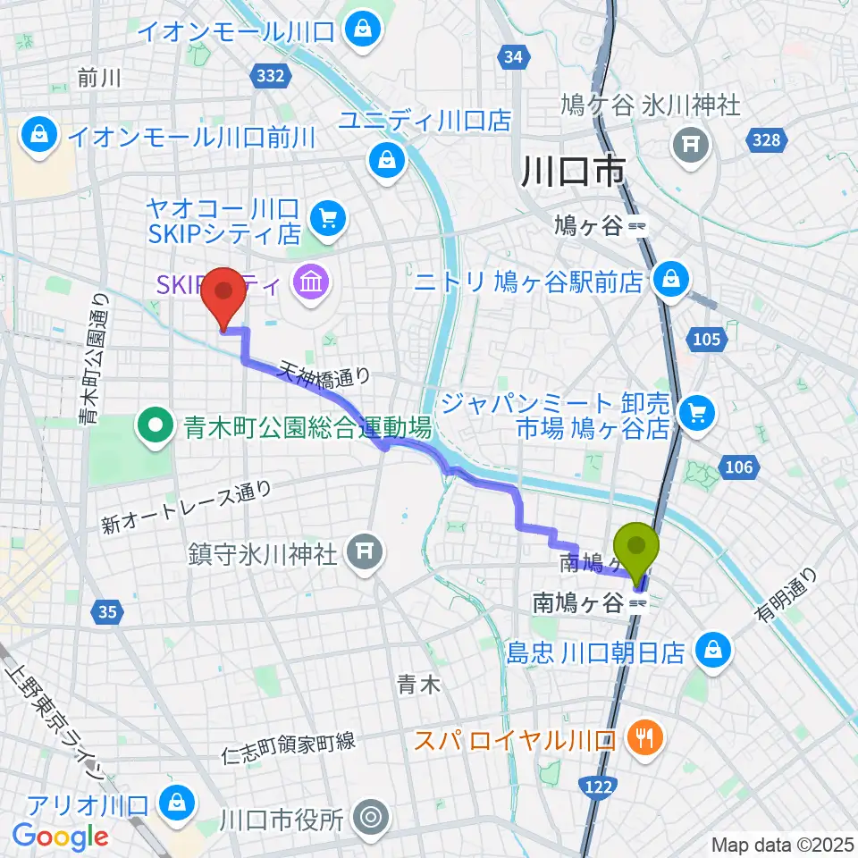 南鳩ヶ谷駅からベルウッド音楽学院へのルートマップ地図