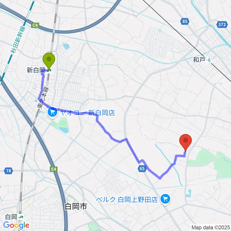 新白岡駅から五十嵐裕岐 津軽三味線教室へのルートマップ地図