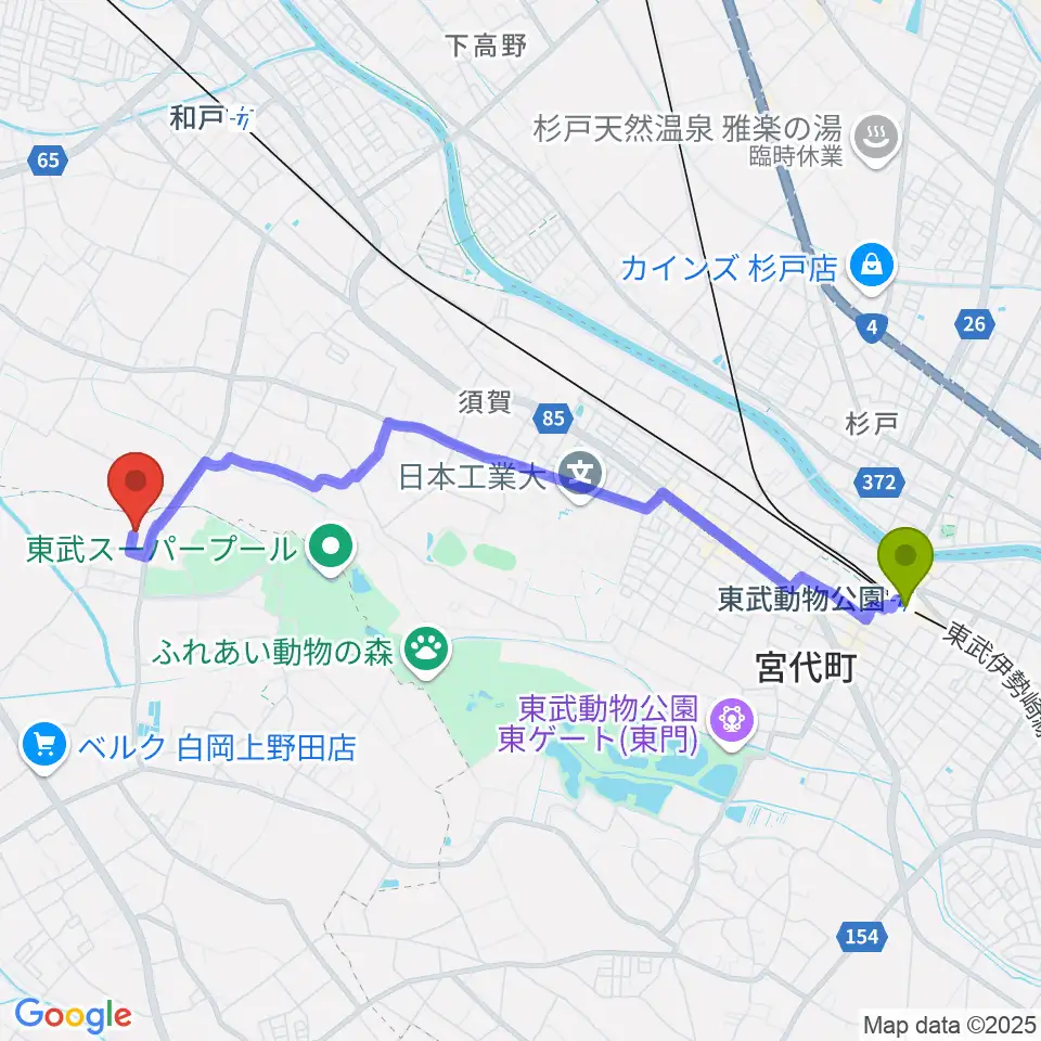 東武動物公園駅から五十嵐裕岐 津軽三味線教室へのルートマップ地図