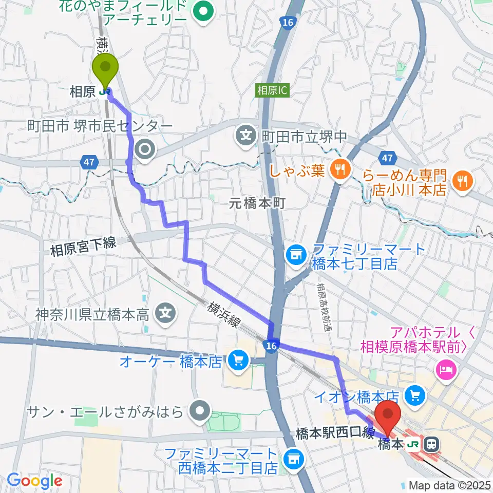 相原駅からメリーミュージックアカデミーへのルートマップ地図