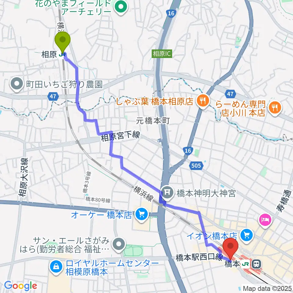 相原駅からメリーミュージックアカデミーへのルートマップ地図