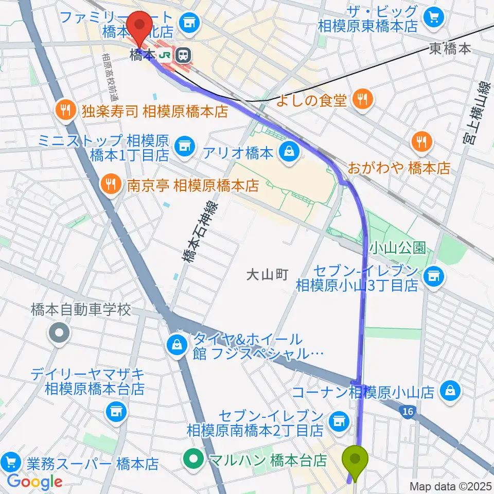 南橋本駅からメリーミュージックアカデミーへのルートマップ地図