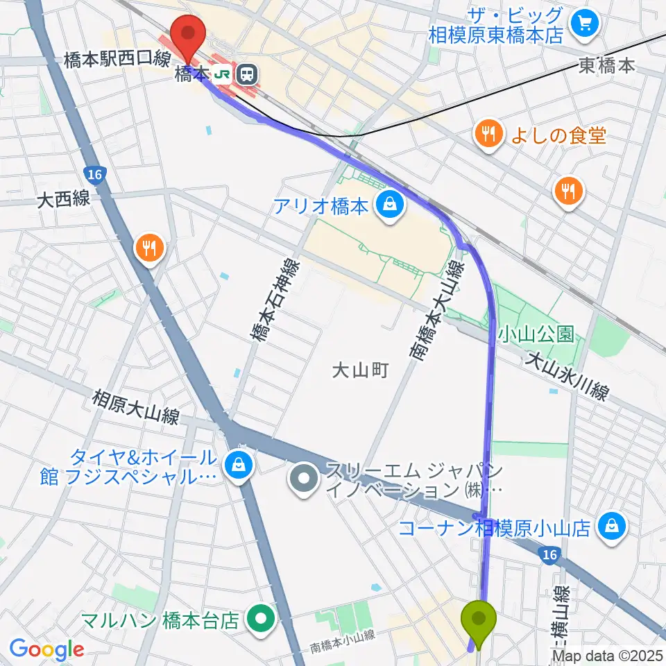 南橋本駅からメリーミュージックアカデミーへのルートマップ地図