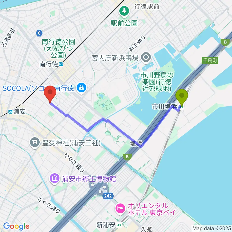 市川塩浜駅から建 孝三ギター教室へのルートマップ地図