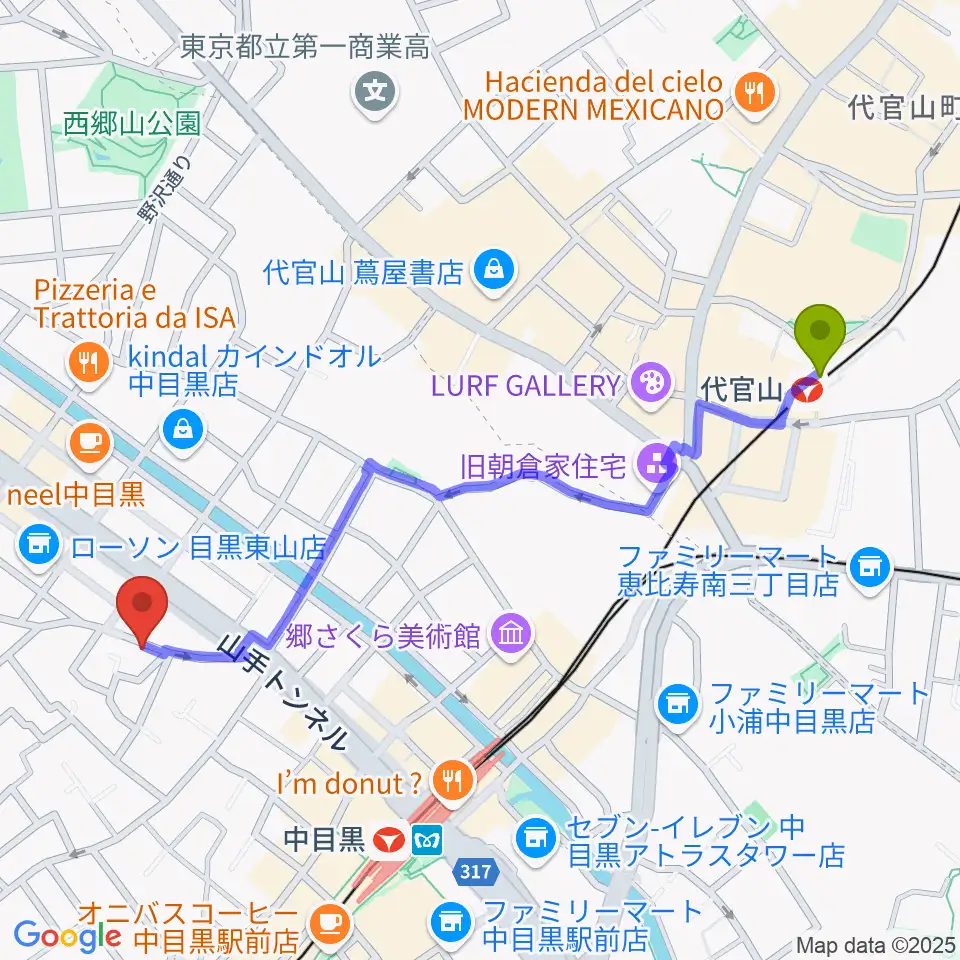 代官山駅からTWO-FIVEギタースクールへのルートマップ地図