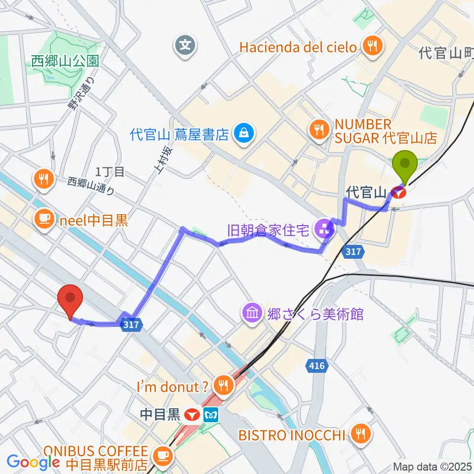 代官山駅からTWO-FIVEギタースクールへのルートマップ地図