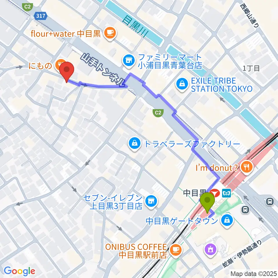TWO-FIVEギタースクールの最寄駅中目黒駅からの徒歩ルート（約5分）地図